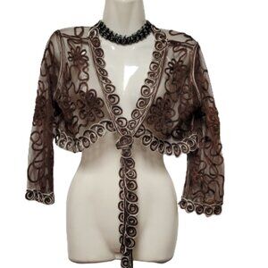Brown Crop Jacket Bolero Top Sheer Mesh Lace Bolero Shrug Cover Up Size M